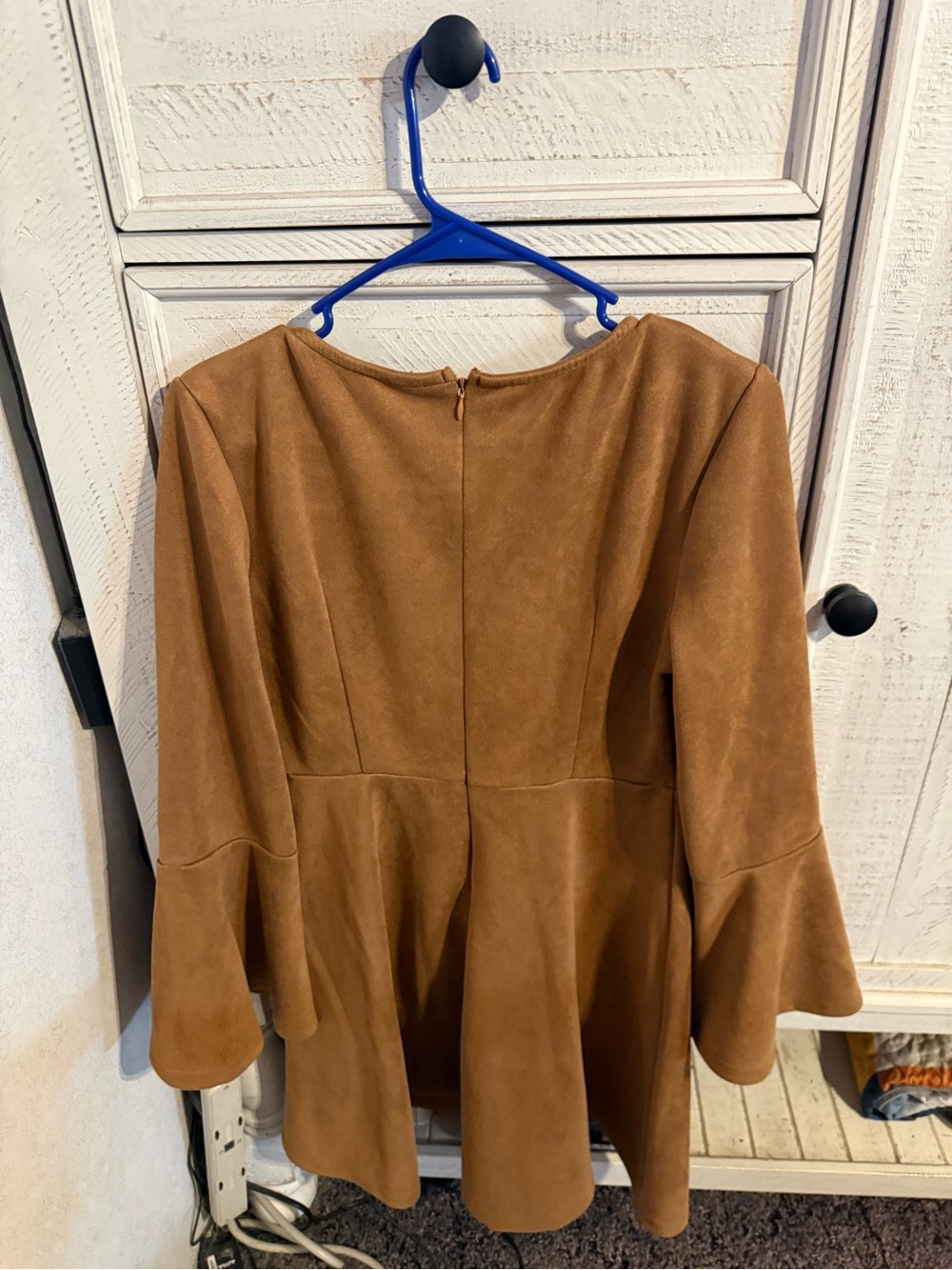 SHEIN Brown Long Sleeve Faux Suede Peplum Dress